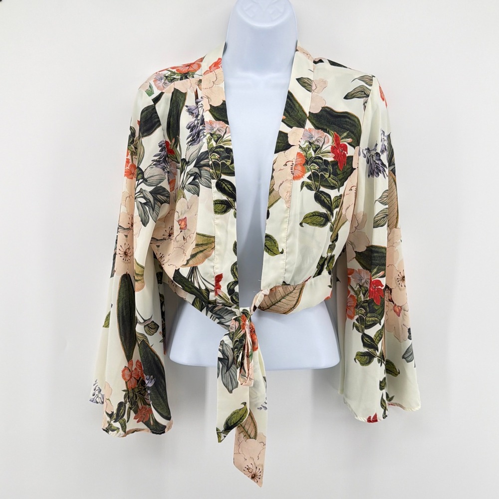 Show Me Your Mumu Jordyn Tie Top Small S Floral Chiffon Bell Sleeve Crop Blouse - Picture 3 of 9